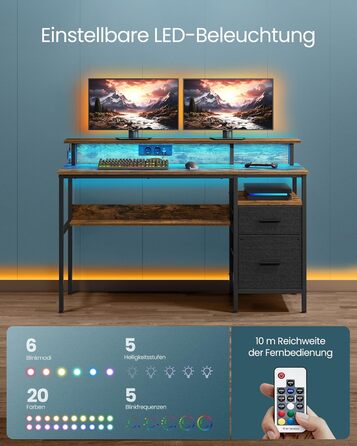 Ігровий стіл VASAGLE з LED підсвіткою та вбудованою розеткою, модель LWD094K02