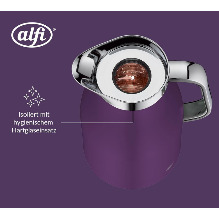 Термос Alfi SKYLINE 1.0л, пастельний колір, нержавіюча сталь, з термоізоляцією, з скляною вставкою, з поворотним клапаном, з зручною кнопкою, ергономічна ручка, ідеальний для кави та чаю, без BPA (1000 мл, Deep Lavender)