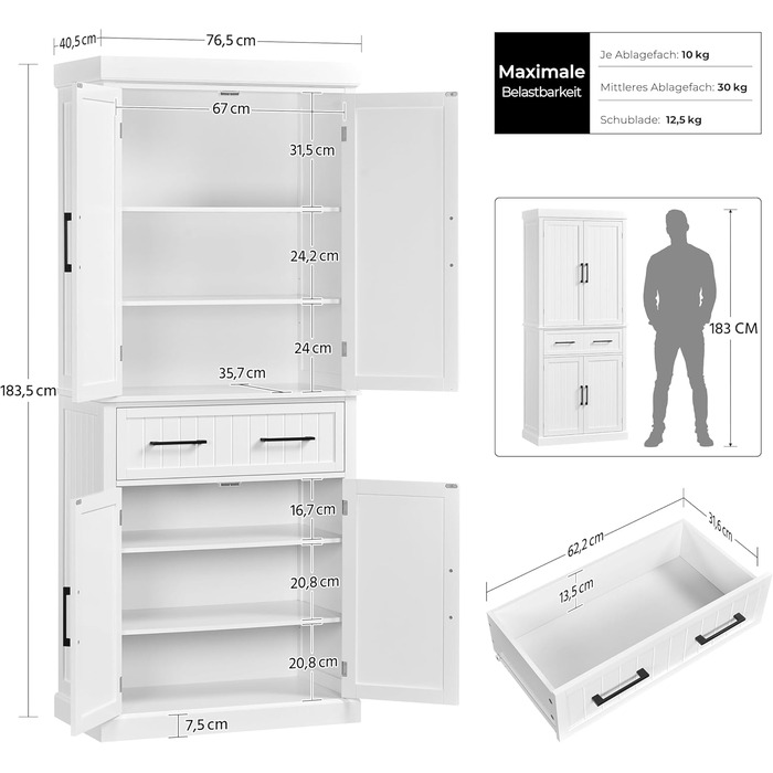 Шафа для зберігання Yaheetech 183,5 см, кухонна шафа з регульованими полицями та 2 шухлядами, багатоцільова шафа для дому, буфет для їдальні, велика, біла