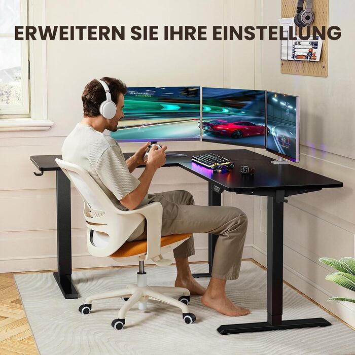 ЕрГер: Кутовий електричний стіл з регулюванням висоти, L-подібний, з індивідуальним мотором, 4-пам'ять, білий (160 x 140 см, чорний)