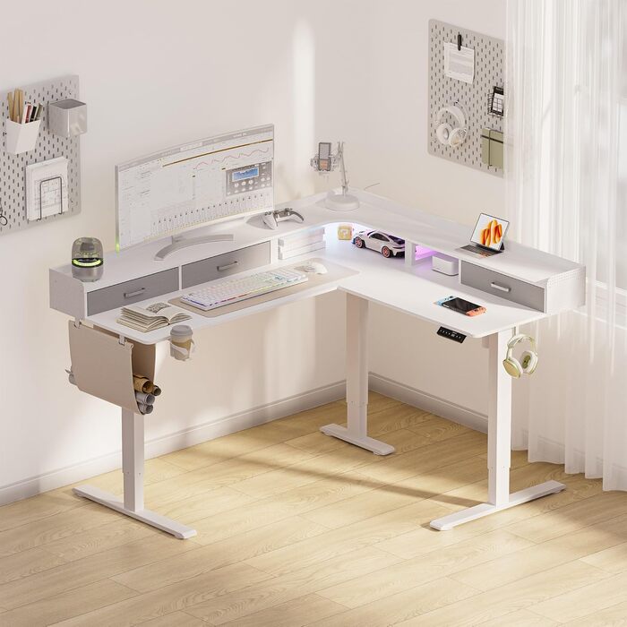 Електричний кутовий стіл L-подібної форми, 160 x 140 см, з 3 висувними ящиками, регулювання висоти, для офісу, ігрової кімнати, дому