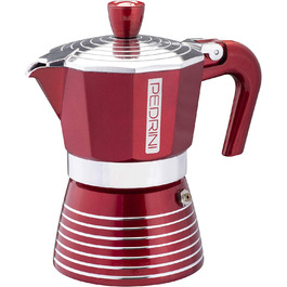 Алюмінієва кавоварка PEDRINI Infinity, Еспресо-плита кольору мока, Розмір 2 чашки, розміри 13,5 x 9 x 15 см, італійський дизайн, силіконова прокладка для харчових продуктів (3 таза, червоний)
