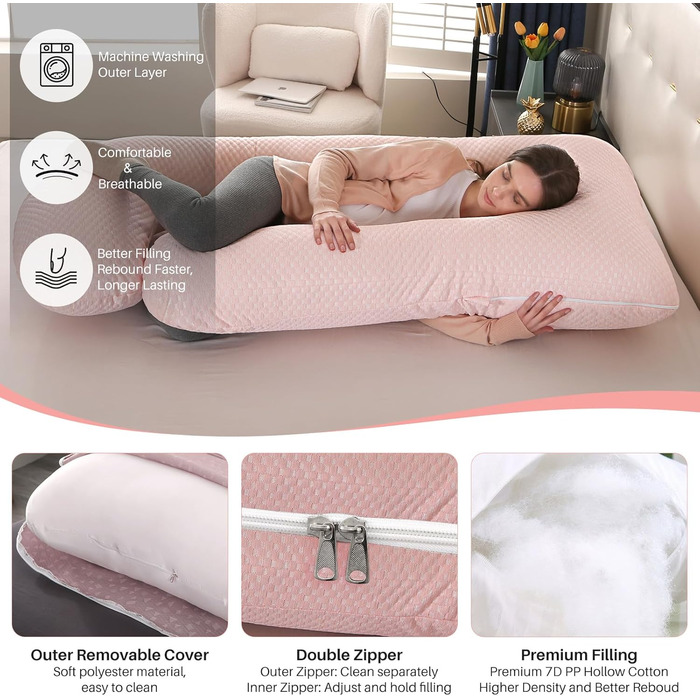 Подушка для вагітних GKXLH – підтримка спини, живота та стегон, J-подібна форма, знімний чохол (Cooling Pink)