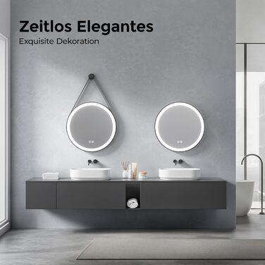 Дзеркало для ванної кімнати з підсвічуванням 60см, кругле LED дзеркало з LED-підсвічуванням, 3 кольори світла, регулювання яскравості, сенсорне управління, чорна рама, знімний монтаж 60x60 см