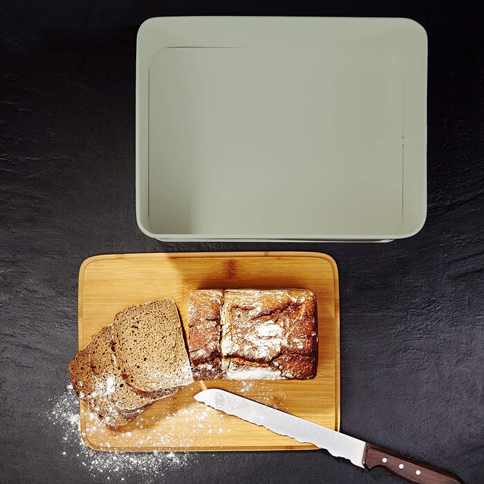 Хлібниця для кухні Lumaland металева Хлібниця з бамбуковою кришкою, Хлібниця прямокутної форми, 30,5 х 23,5 х 14 см (прямокутна форма 30,5 х 23,5 х 14 см, м'ятно-Зелена / прямокутна