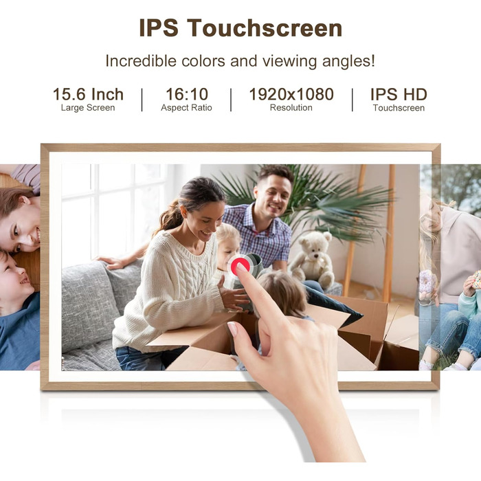 Frameo Цифровий фоторамка 15.6 дюймів Wi-Fi, FHD IPS сенсорний екран, 32GB, віддалене завантаження фото та відео, календар, погода, музика