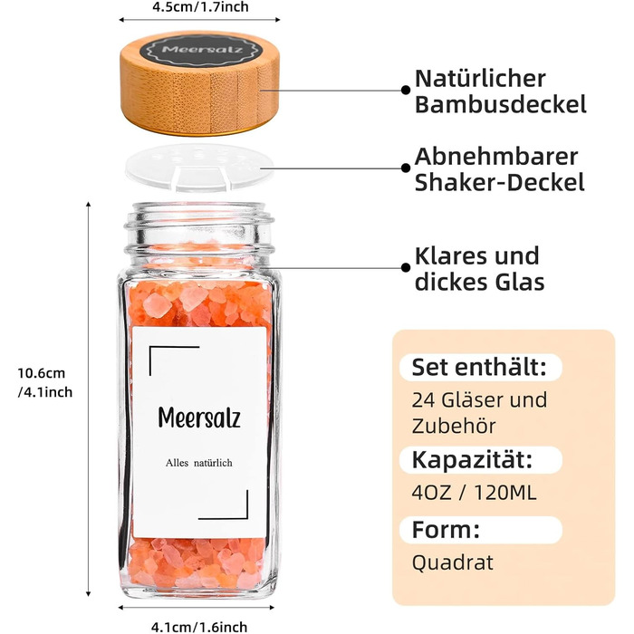 Набір бамбукових контейнерів для спецій на 24 шт. (120 мл) з воронками та етикетками