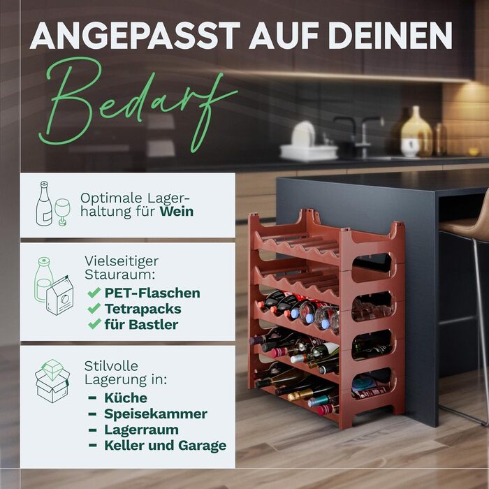 Пластикова полиця для пляшок Novaliv на 36 пляшок, розширювана, коричнева. Полиця для вина, напоїв, спиртних напоїв. Система зберігання пляшок, шафка для пляшок