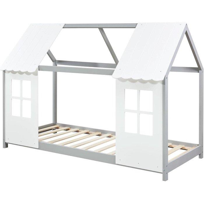 Дитяче ліжко Tostedt en.casa: ліжко-будиночок, ліжко для підлітків, ліжко-ігровий будиночок, напіввідкритий дизайн, ліжко Монтессорі з масиву сосни, 120x200 см, рожево-біле