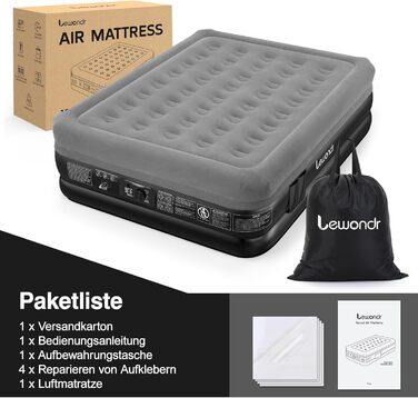 Надувне ліжко Lewondr на 2 особи з вбудованим насосом, 203x152x46 см, сірий колір, 250 кг, для кемпінгу, дому, гостей, подорожей