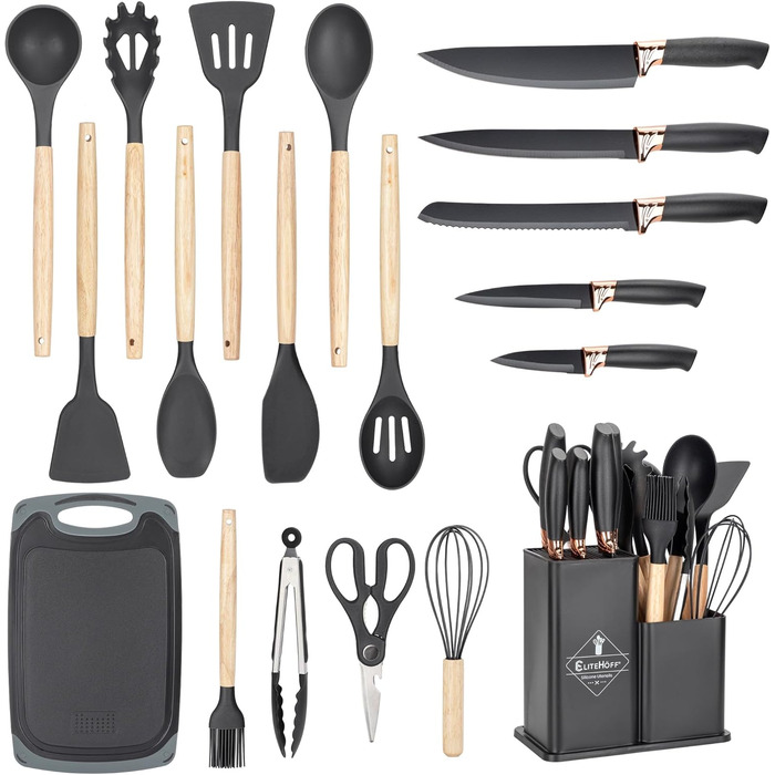 Набір кухонних ножів EliteHoff 19 предметів: 5 ножів, 12 аксесуарів, дошка та підставка. Силіконові кухонні аксесуари з дерев'яними ручками, безпечні для харчових продуктів, придатні для миття в посудомийній машині, чорного кольору (E-6069)