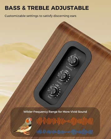 Активні полочні колонки 36W RMS, бездротові Bluetooth 5.4 динаміки для ПК з 5-дюймовим вуфером, USB-цифровим аудіо, регулюванням басів та високих частот, студійні монітори з RCA для вінілового програвача та ТВ, дерево