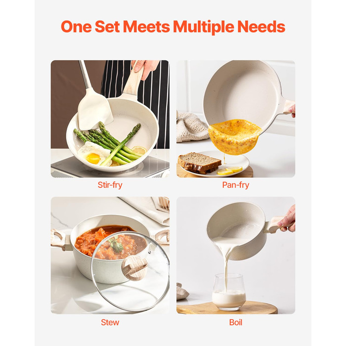 Набір каструль та сковорідок VEVOR з нержавіючої сталі (19 предметів) з кришками з термостійкого скла, антипригарне покриття, для кухні та кемпінгу, підходить для приготування соусів, тушкування та варіння (білий)