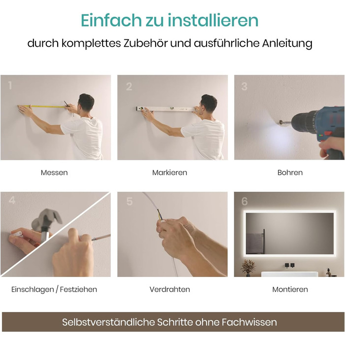 Дзеркало для ванної кімнати EMKE з підсвічуванням 120x60 см, тепле біле світло 3000K, вбудований вимикач, антизапар, 2 кольори світла