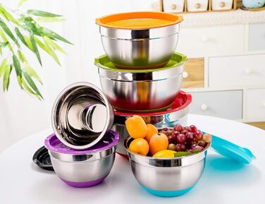 Набір салатниць TEAMFAR 6 шт. з нержавіючої сталі з кришками та силіконовими ніжками, 0.7L/1.5L/1.6L/2.5L/2.8L/4.6L