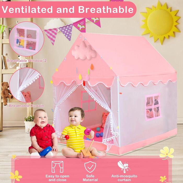 Дитячий намет-ліжко з ліхтариками та прапорцями, рожевий. Ідеально для гри вдома, для хлопчиків та дівчаток. Розміри: 47x40x51 см