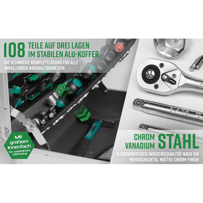 Набір інструментів Brüder Mannesmann 108 предметів в алюмінієвому кейсі: викрутки, плоскогубці, біти, головки, молоток. Сталь Cr-V