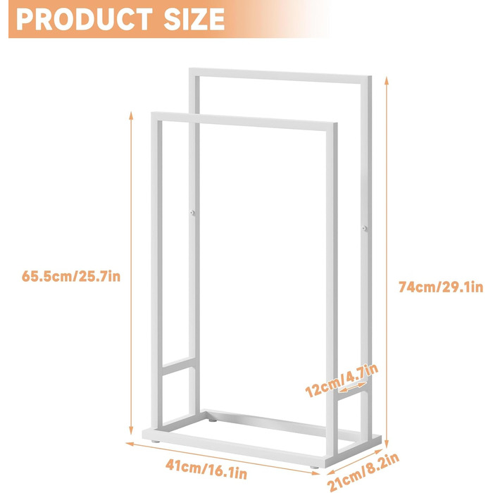Підставка для рушників на підлозі, металева, з 2 перекладинами, для ванної кімнати, стабільна, економна, в індустріальному стилі (білий)