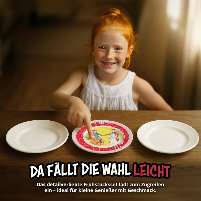 Дитячий посуд Bibi & Tina: комплект з 3 предметів (тарілка, чашка, миска), рожево-червоний, порцеляна, 19/220/330 мл