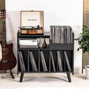 Стіл для програвача, стійка для програвача середини століття з місцем для зберігання вінілу (до 350+ платівок), шафа для вінілових платівок з регульованими полицями (Чорний)