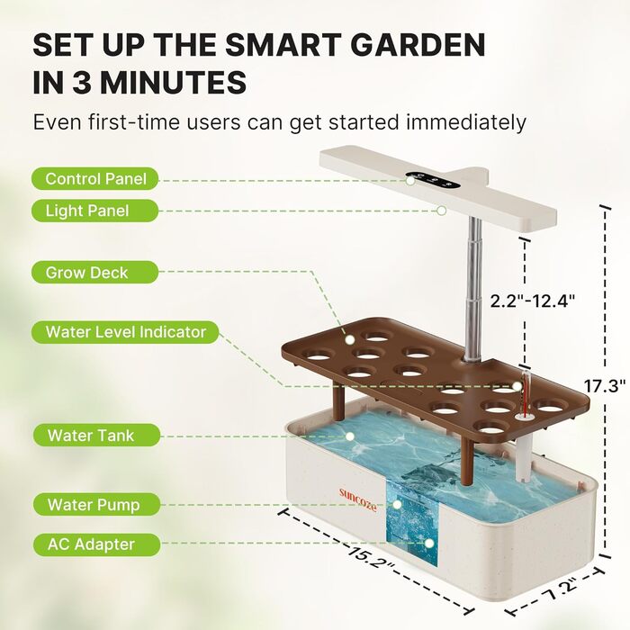 SUNCOZE Гідропонна система вирощування, набір для вирощування трав в приміщенні з LED-освітленням, розумний сад 12 касет, 4л резервуар для води, регульована висота, тиха інтелектуальна помпа, для дому, кухні (Бежевий)