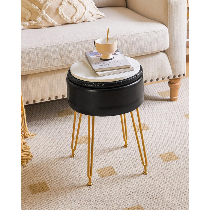 Пуф-табуретка IBUYKE з велюру, круглої форми, з м'якою оббивкою, на золотих металевих ніжках, чорного кольору, з PU-підсидінням для зберігання, модель L/G-30P