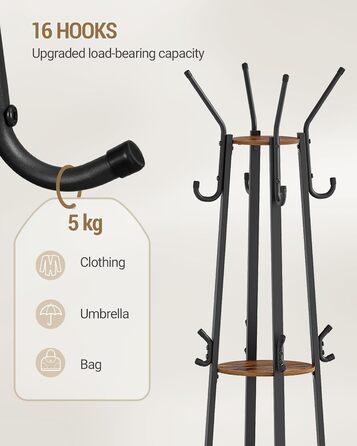 Вішалка для одягу Hzuaneri з великим кошиком для зберігання, 3 полиці, 16 гачків, 182,5 см, коричнево-чорна CR27301B