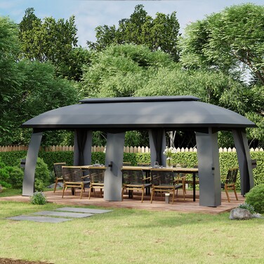 Намет для вечірок Outsunny Garden Pavilion 3 x 6 м з подвійним дахом і бічними стінками, сітки від мух до 15 осіб, оцинкований метал, темно-сірий