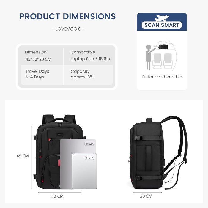 LOVEVOOK Рюкзак ручної об’єм 40л для подорожей, рюкзак-валіза з відділенням для ноутбука, чорно-сірий, 45 x 32 x 20 см