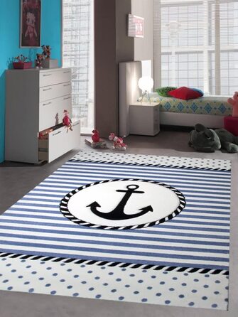 Дитячий морський килим для дитячої кімнати, килим для хлопчиків з якорем синього кремового кольору, розмір (200 x 290 см)
