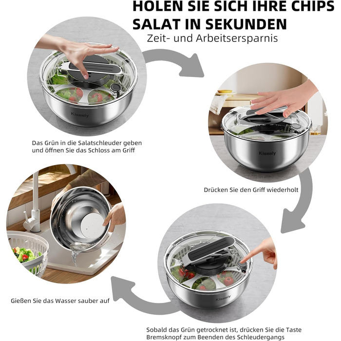 Салатниця-швидкосушарка з нержавіючої сталі 4.2L з мискою та кришкою, для салатів, овочів, ягід