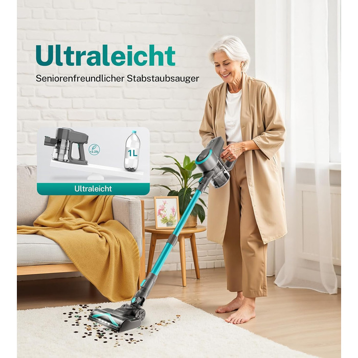 Акумуляторний пилосос 25000Pa, 175W, 50хв роботи, бездротовий, з антизаплутувальною насадкою, самостійно стоячий, легкий ручний пилосос. Підходить для килимів, твердих підлог, видалення шерсті тварин (Цянь)