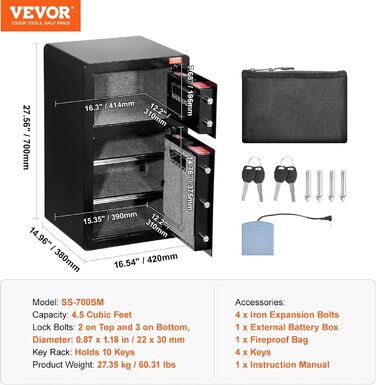 Сейф VEVOR з вогнестійким кишеням, 3,5 кубічних футів, 2 перегородки, цифровий сейф для дому, чорний, 1 дверцята (2 відділення)