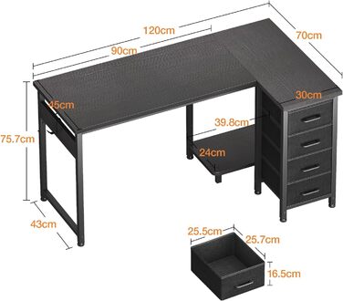 Комп'ютерний кутовий стіл Coleshome 100x70 см з 4 шухлядами, білий. Регульований стіл для офісу, кабінету, спальні. Розміри: 100x70 см, 120x70 см (чорний)