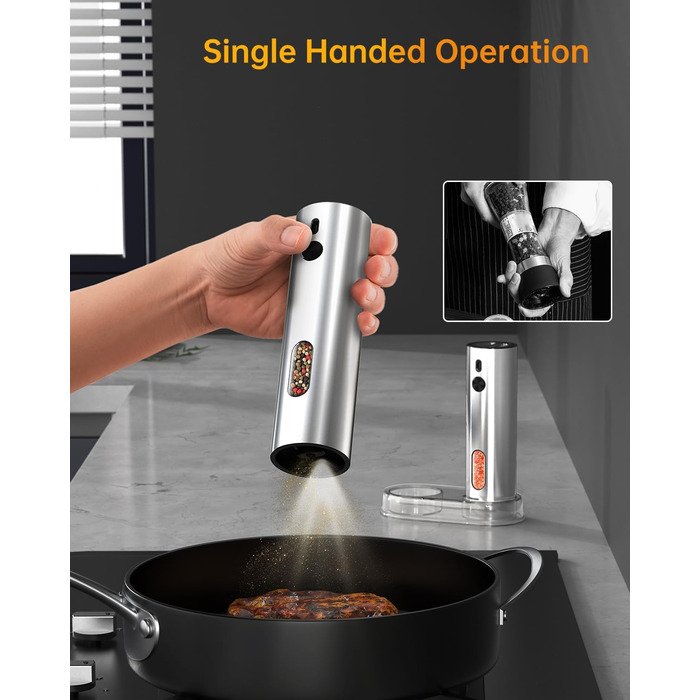 Електричні соляні та перечні млини CIRCLE JOY з підставкою, чорного кольору. Набір з нержавіючої сталі, регулювання помелу, LED-підсвічування, 110 мл, сріблястий