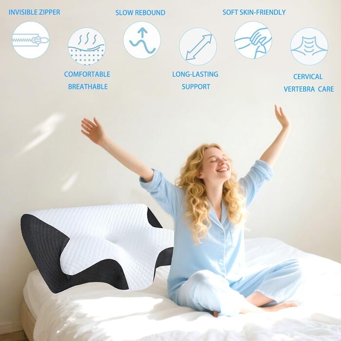 Ортопедична подушка для шиї Tbintul з Memory Foam, ергономічна подушка для сну, для тих, хто спить на боці, спині та животі, чорний/білий