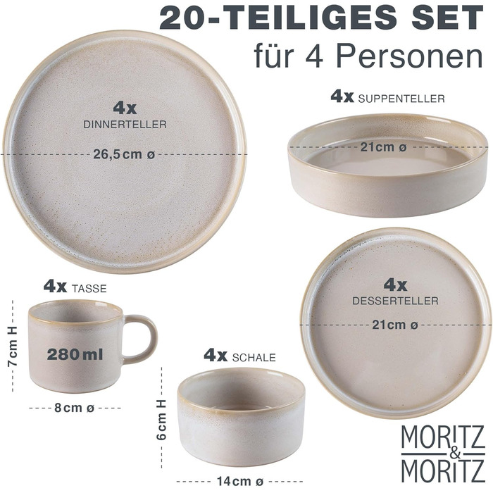 Набір посуду Moritz & Moritz CASTELLO на 4 особи, 20 предметів, бежевий - керамічний посуд: тарілки обідні, десертні, супові, миски та чашки