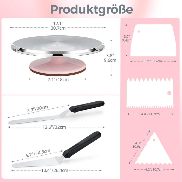 Ohuhu Поворотна платформа для тортів, 30 см, алюмінієвий сплав, 2 шпателі та 3 скребки, для декорування тортів та випічки, подарунок для кондитерів (Рожевий)