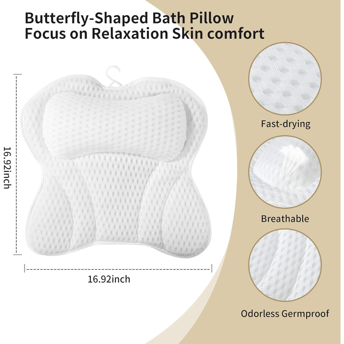 Подушка для ванни 4D сітка з присосками, біла - підтримка шиї, плечей, голови та спини для релаксації