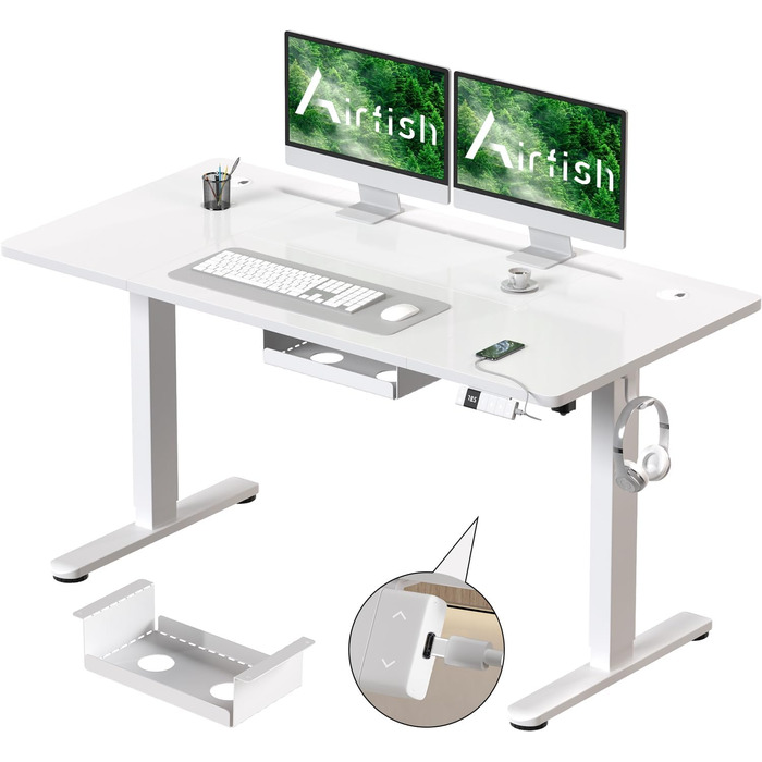 Електричний регульований стіл Airfish 120x80 см з USB-C, керуванням кабелів та 3 рівнями пам'яті (білий)