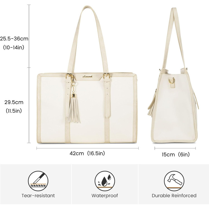 Сумка для ноутбука LOVEVOOK 15.6 дюймів для жінок: велика, на плечі, кросбоді, shopper, з канвасу, елегантна, для офісу, роботи, подорожей (бежева)