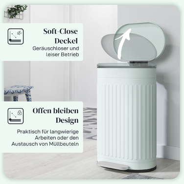 Відро для сміття 30 л з педаллю, знімним внутрішнім відром та м'яким закриттям. Розміри: 36,5 x 31,2 x 60,8 см, колір - зелений.