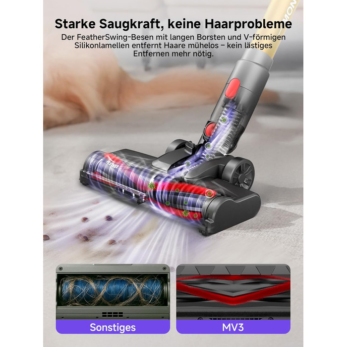 Бездротовий акумуляторний пилосос MONSGA з великою потужністю 45000Pa, до 50 хвилин роботи, дисплеєм, антизаплутана насадка, самостійна парковка, настінна зарядка, 8-шарова фільтрація, безщітковий двигун, для твердих поверхонь, килимів, шерсті тварин та а