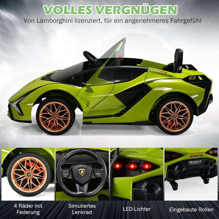 Дитячий електромобіль Lamborghini 12V з пультом, ременем безпеки, світлом, музикою та сигналом, електрокар для дітей від 3 років, зелений