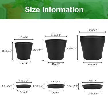 KINGLAKE Набір горщиків для квітів 8 шт. 17 см, пластикові горщики для рослин, кактусів, сукулентів з підставкою (Чорний, 14 см)