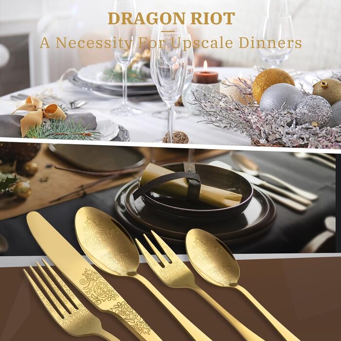 Набір столових приборів DRAGON RIOT Gold 30 предметів, нержавіюча сталь, для 6 осіб, з ножем, виделкою, ложкою. Підходить для дому, ресторану, вечірки.