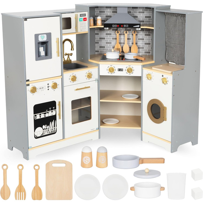 Дитяча дерев'яна кухня Mamabrum XXXL з LED-підсвічуванням та аксесуарами: мікрохвильова піч, посуд, столові прибори. Ігровий набір для дітей 3+