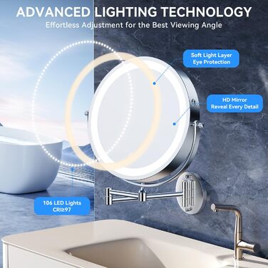 Дзеркало для макіяжу Auxmir з підсвічуванням, перезаряджуване, 3200mAh, для гоління, настінне, з регулюванням яскравості, 3 кольори світла, 360° обертання, для ванної кімнати (срібний, 30X, 10 дюймів)