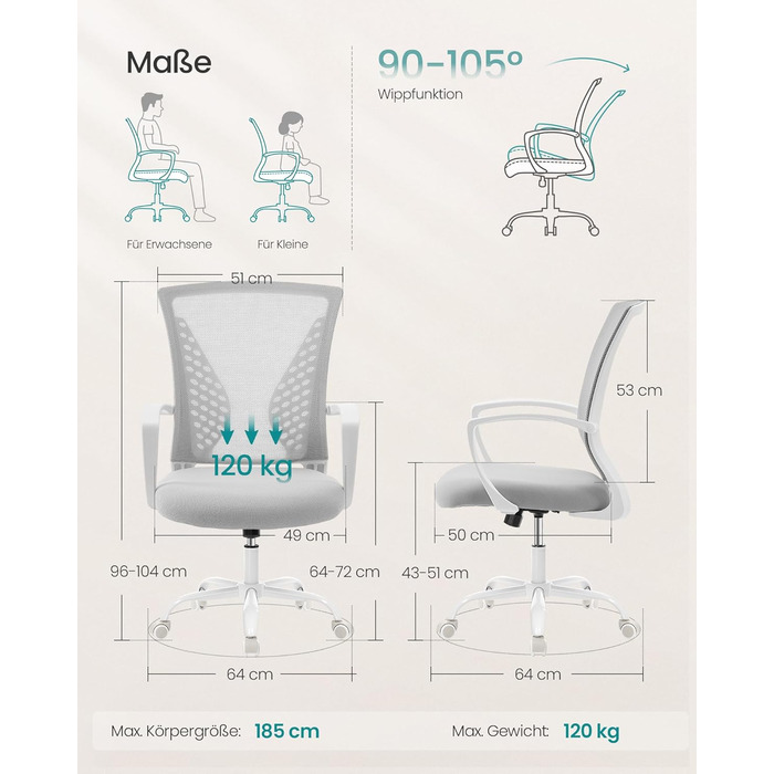 Офісне крісло SONGMICS ергономічне сітчасте, стілець для комп'ютера з регулюванням висоти та функцією гойдання, дихаюча оббивка, до 120 кг, сіро-голубий (OBN022GD01)