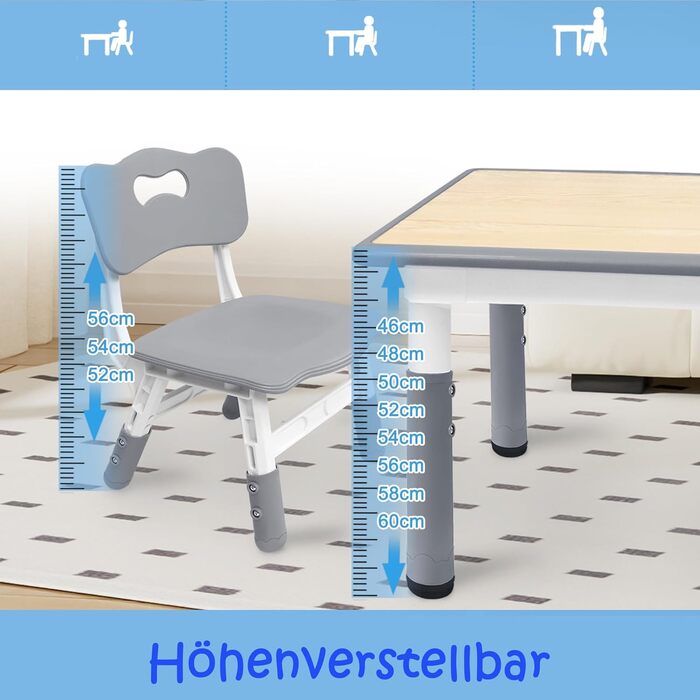 Дитячий стіл зі стільцями, регульована висота, 3 частини, пластиковий стіл-парта для дитячої кімнати, 80x60 см